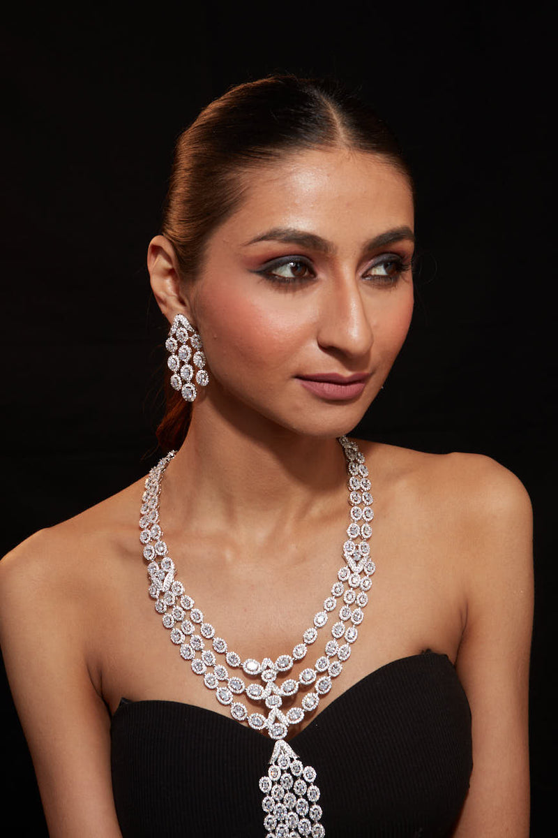 Rhodium Plated Zircon Studded Long Necklace & Drop Earrings Set