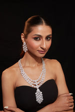 Rhodium Plated Zircon Studded Long Necklace & Drop Earrings Set