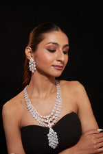 Rhodium Plated Zircon Studded Long Necklace & Drop Earrings Set