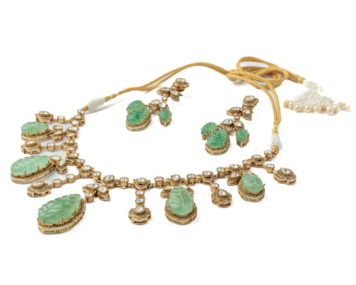Gold Plated Green Womens Synthetic Stone Necklace Set with Pair of Earrings