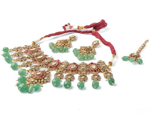 Gold Plated Multicolored Womens Kundan, Polki Necklace Set with Pair of Earrings & Maangtikka