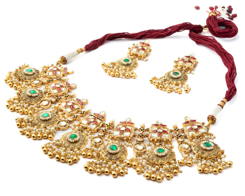 Gold Plated Green Womens Kundan, Polki Necklace Set with Pair of Earrings