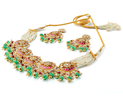 Gold Plated Multicolored Womens Kundan, Polki Necklace Set with Pair of Earrings