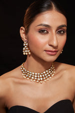 Gold Plated Kundan Polki With Bead Drop Choker Necklace & Earrings Set