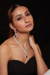 Rhodium Plated Zircon Studded With Red Synthetic Stone Pendant Necklace & Drop Earrings Set