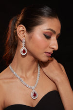 Rhodium Plated Zircon Studded With Red Synthetic Stone Pendant Necklace & Drop Earrings Set