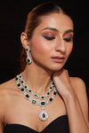 Rhodium Plated Zircon With Green Emerald Synthetic Stone Pendant Necklace & Drop Earrings Set