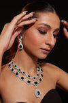 Rhodium Plated Zircon With Green Emerald Synthetic Stone Pendant Necklace & Drop Earrings Set