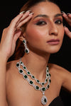 Rhodium Plated Zircon With Green Emerald Synthetic Stone Pendant Necklace & Drop Earrings Set