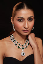 Rhodium Plated Zircon With Green Emerald Synthetic Stone Pendant Necklace & Drop Earrings Set