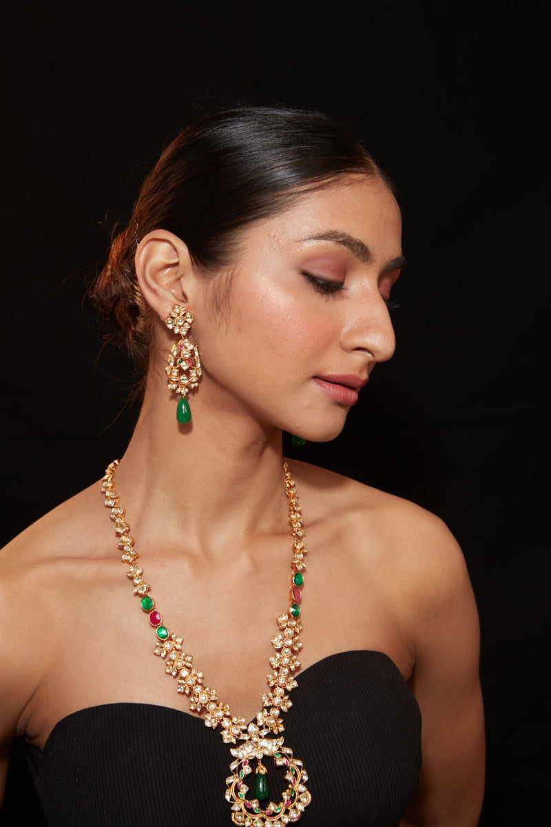 Gold Plated Kundan With Enamelled Stone Long Necklace & Earrings Set