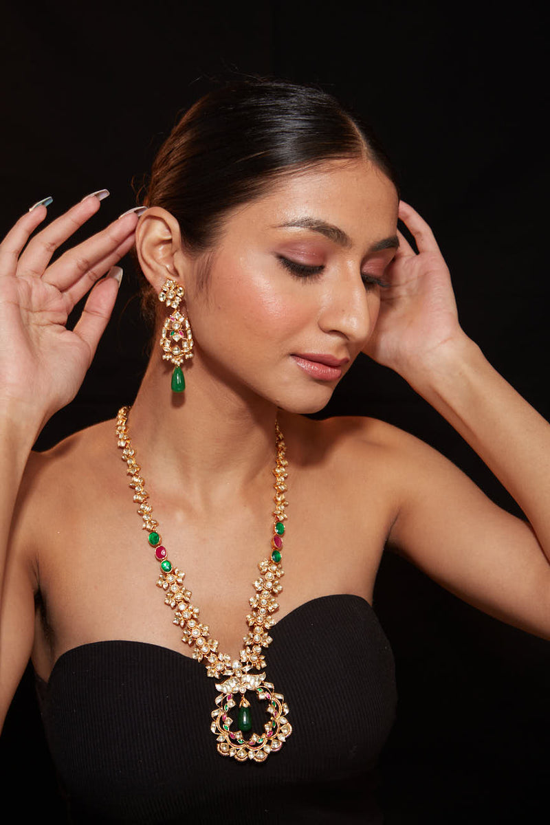 Gold Plated Kundan With Enamelled Stone Long Necklace & Earrings Set