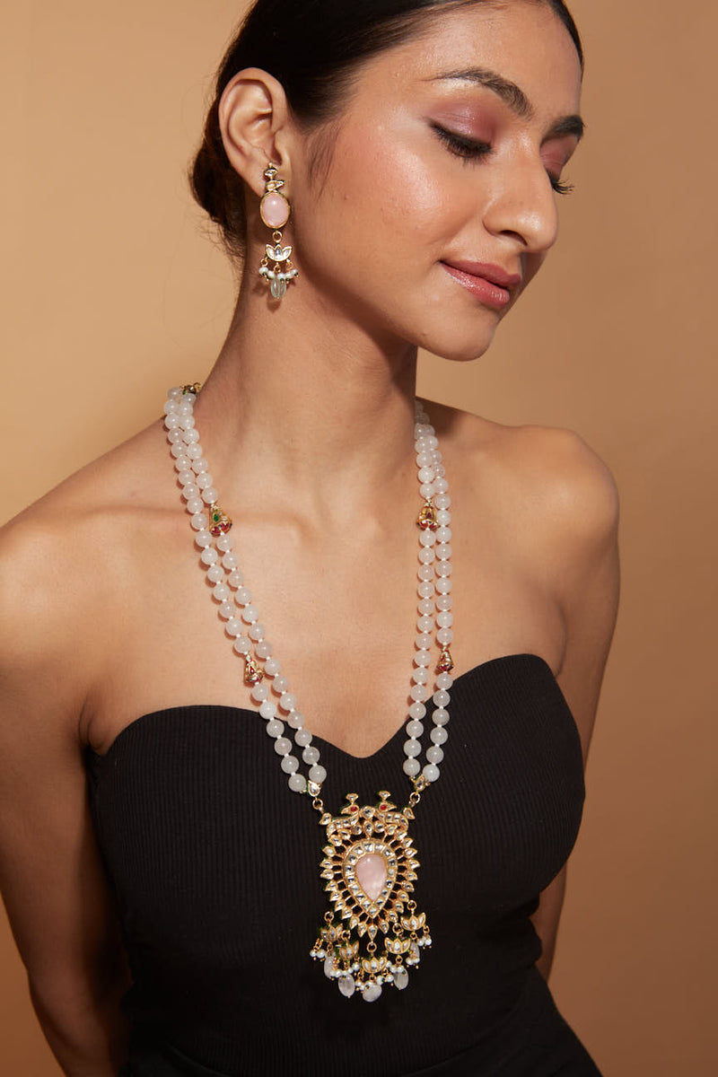 Gold Plated Beads With Pendant Long Necklace & Dangle Earrings Set