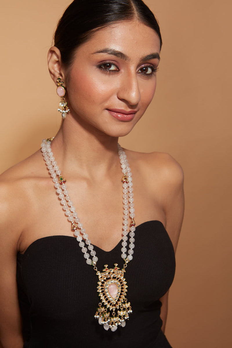 Gold Plated Beads With Pendant Long Necklace & Dangle Earrings Set