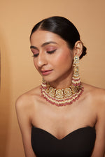 Gold Plated Kundan Polki Red Bead Drop Choker Necklace & Chaandbali Earrings Set