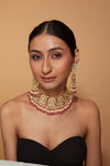 Gold Plated Kundan Polki Red Bead Drop Choker Necklace & Chaandbali Earrings Set