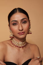 Gold Plated Kundan Studded Red Beads Choker Necklace & Jhumka Earring Set