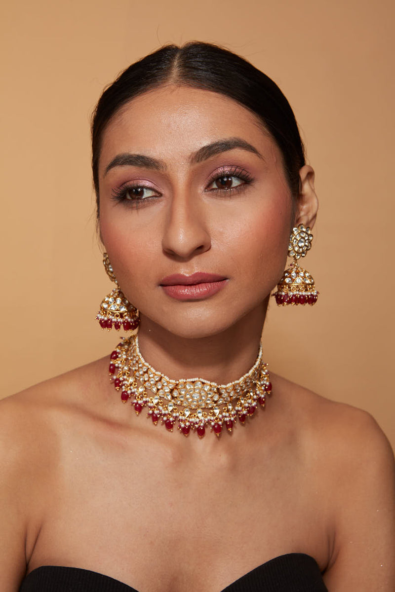 Gold Plated Kundan Studded Red Beads Choker Necklace & Jhumka Earring Set