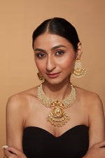 Gold Plated Beads Studded Temple Choker Necklace & Drop Earrings Set