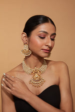 Gold Plated Beads Studded Temple Choker Necklace & Drop Earrings Set