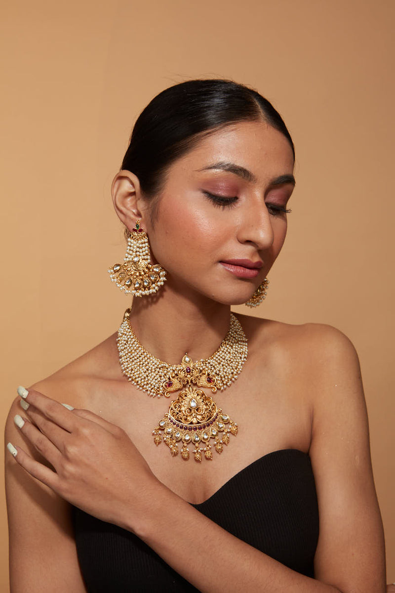 Gold Plated Beads Studded Temple Choker Necklace & Drop Earrings Set