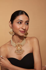 Gold Plated Beads Studded Temple Choker Necklace & Drop Earrings Set