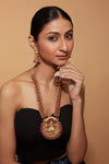 Gold Plated Red Temple Long Necklace & Jhumka Earring Set