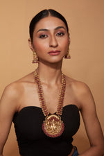 Gold Plated Red Temple Long Necklace & Jhumka Earring Set