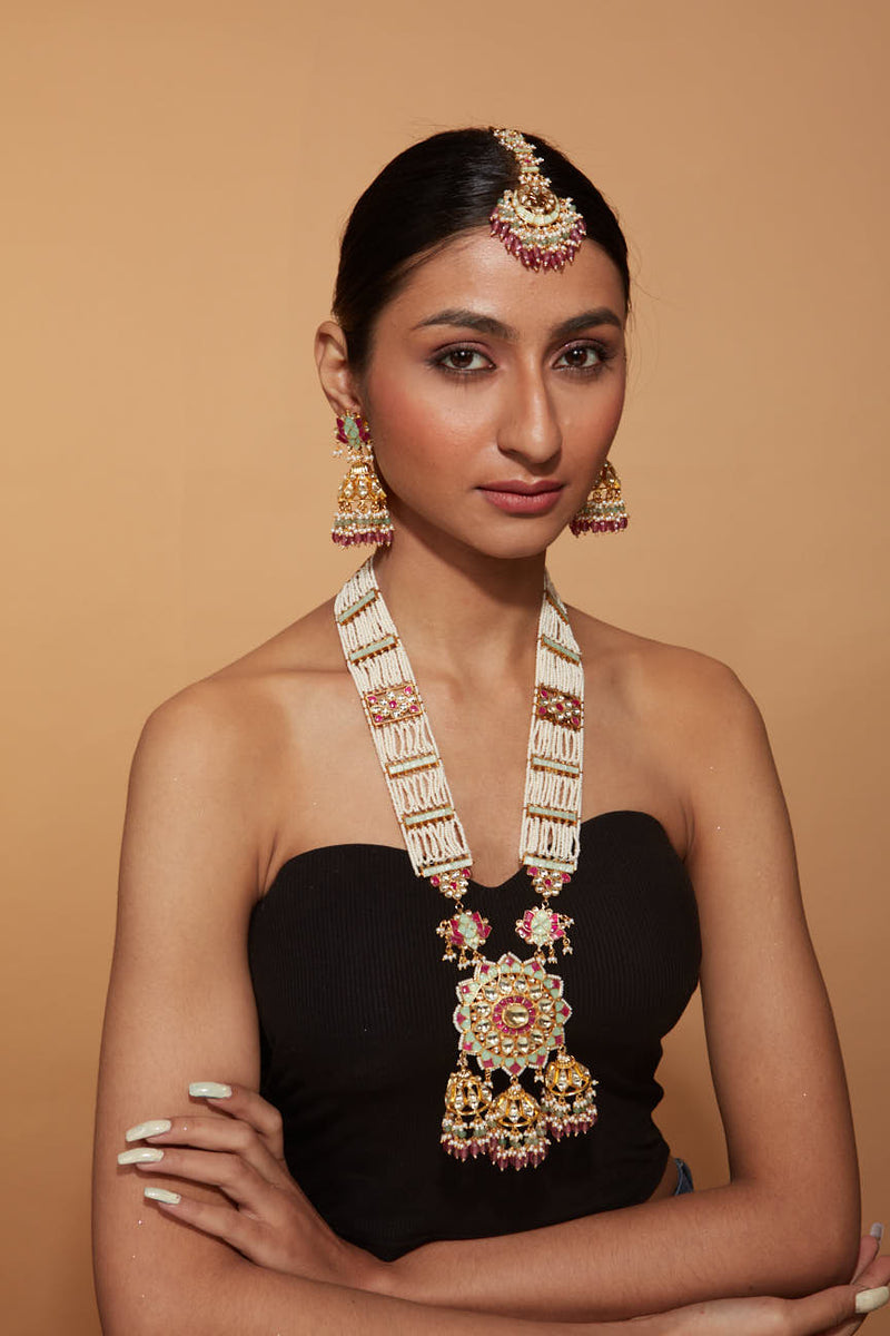 Gold Plated Beaded & Kundan Long Necklace & Jhumka Earrings Set