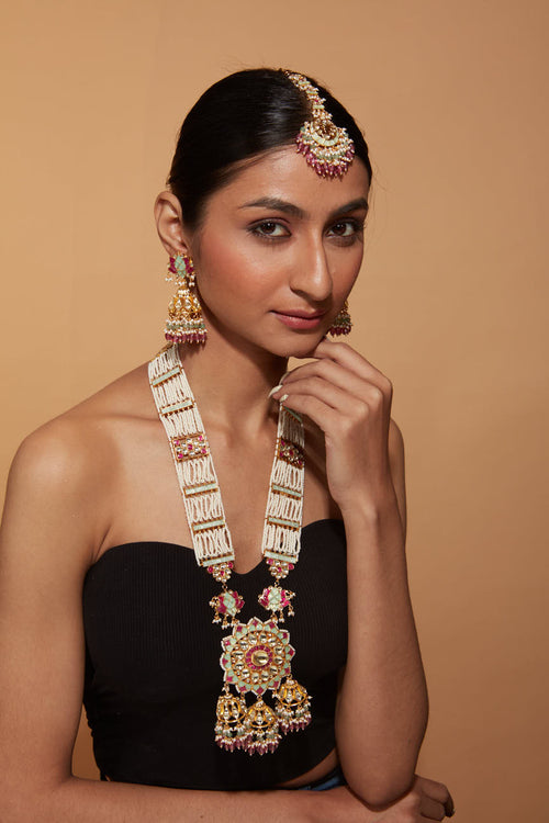 Gold Plated Beaded & Kundan Long Necklace & Jhumka Earrings Set