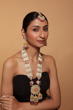 Gold Plated Beaded & Kundan Long Necklace & Jhumka Earrings Set