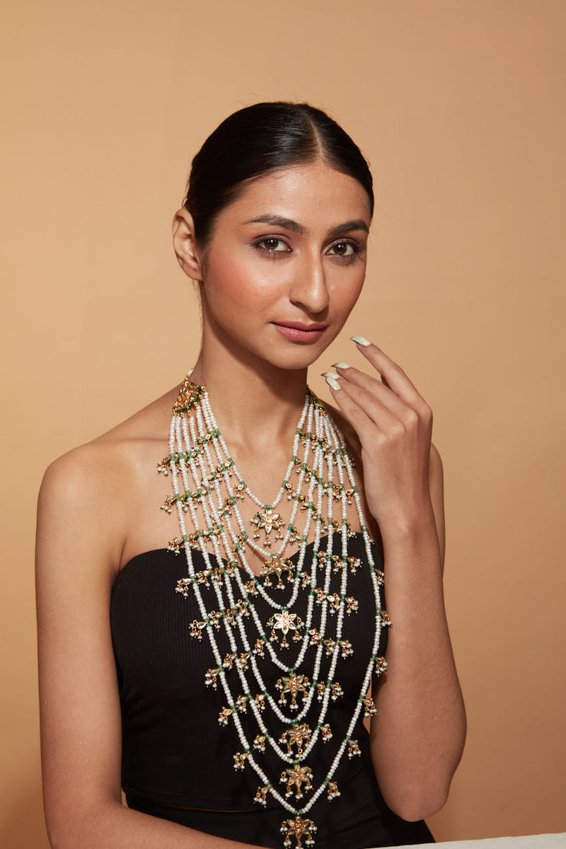 Gold Plated Kundan & Beads Multi Layered Necklace