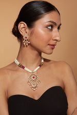 Gold Plated Kundan Studded With Beads Necklace & Earrings Set