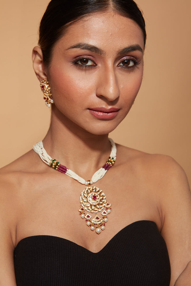 Gold Plated Kundan Studded With Beads Necklace & Earrings Set