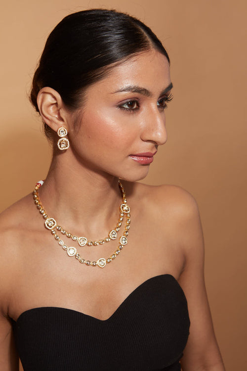 Gold Plated Kundan Studded Layered Necklace & Earrings Set