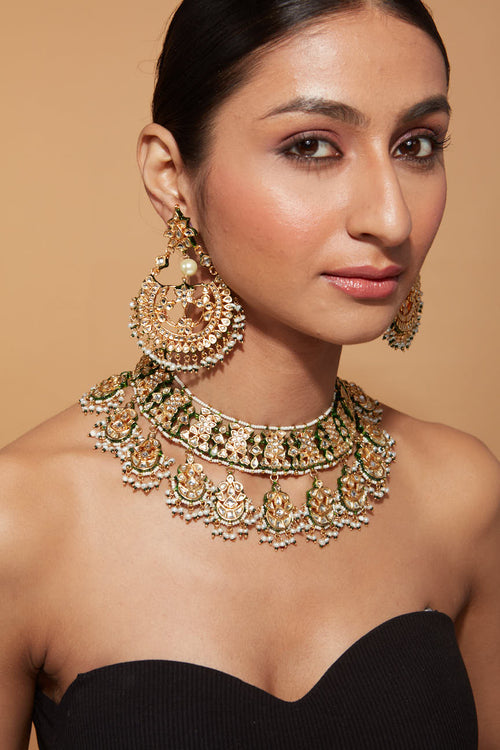 Gold Plated Meenakari Kundan Dangle Necklace & Chaandbali Earrings Set