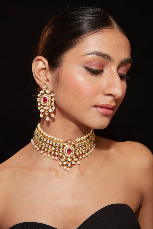 Gold Plated Kundan Studded With Pearl Choker Necklace & Dangle Earrings Set