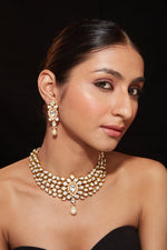 Gold Plated Kundan Polki Studded Choker Necklace & Dangle Earrings Set