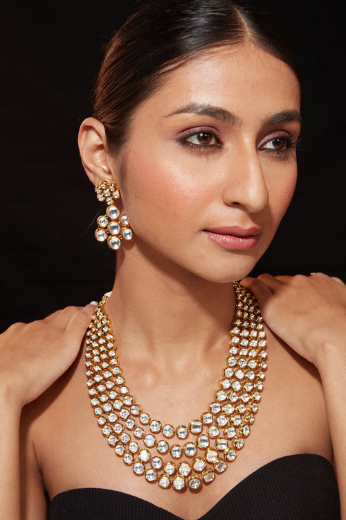 Gold Plated Kundan Studded Multi Layered Necklace & Dangle Earrings Set