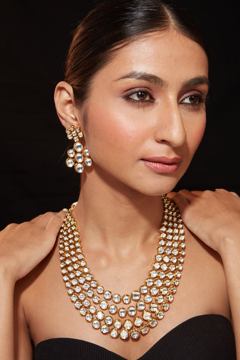 Gold Plated Kundan Studded Multi Layered Necklace & Dangle Earrings Set