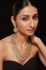 Gold Plated Kundan Studded Multi Layered Necklace & Dangle Earrings Set