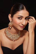 Gold Plated Kundan Studded With Gold Metal Drop Choker Necklace & Dangle Earrings Set