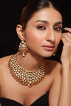 Gold Plated Kundan Studded With Gold Metal Drop Choker Necklace & Dangle Earrings Set