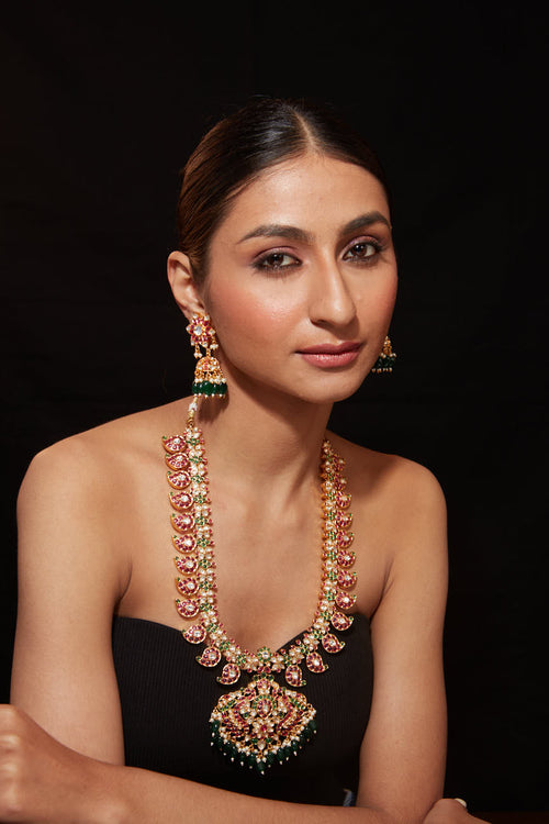 Gold Plated Multi Colour Enamelled Long Necklace & Jhumka Earrings