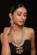 Gold Plated Kundan Polki Long Necklace & Dangle Earrings Set