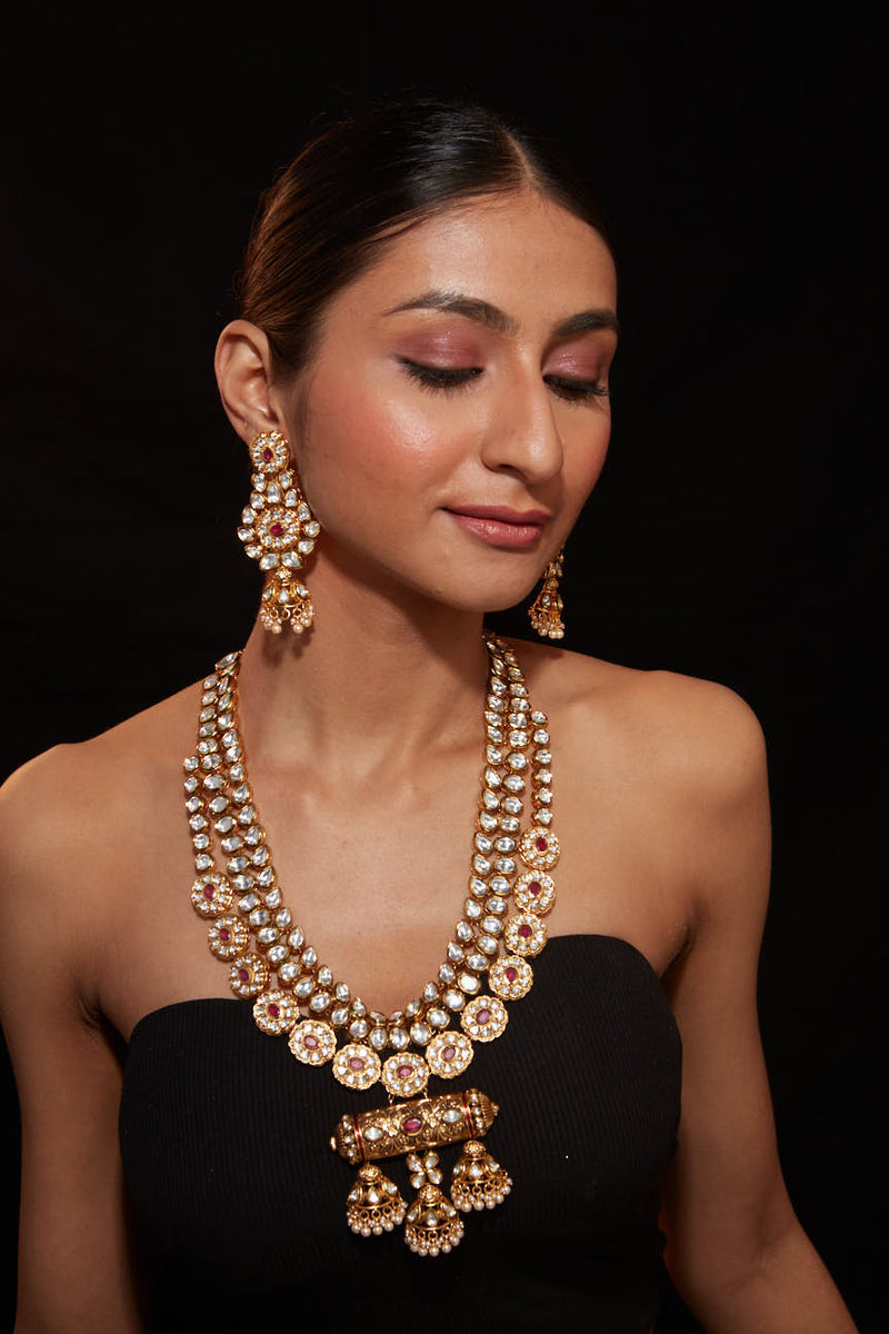 Gold Plated Kundan Polki Long Necklace & Dangle Earrings Set