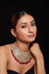 Gold Plated Kundan With Red Beads Drop Choker Necklace