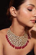 Gold Plated Kundan With Red Beads Drop Choker Necklace