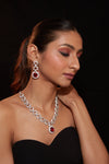 Rhodium Plated Zircon Studded With Red Synthetic Stone Pendant Necklace & Drop Earrings Set