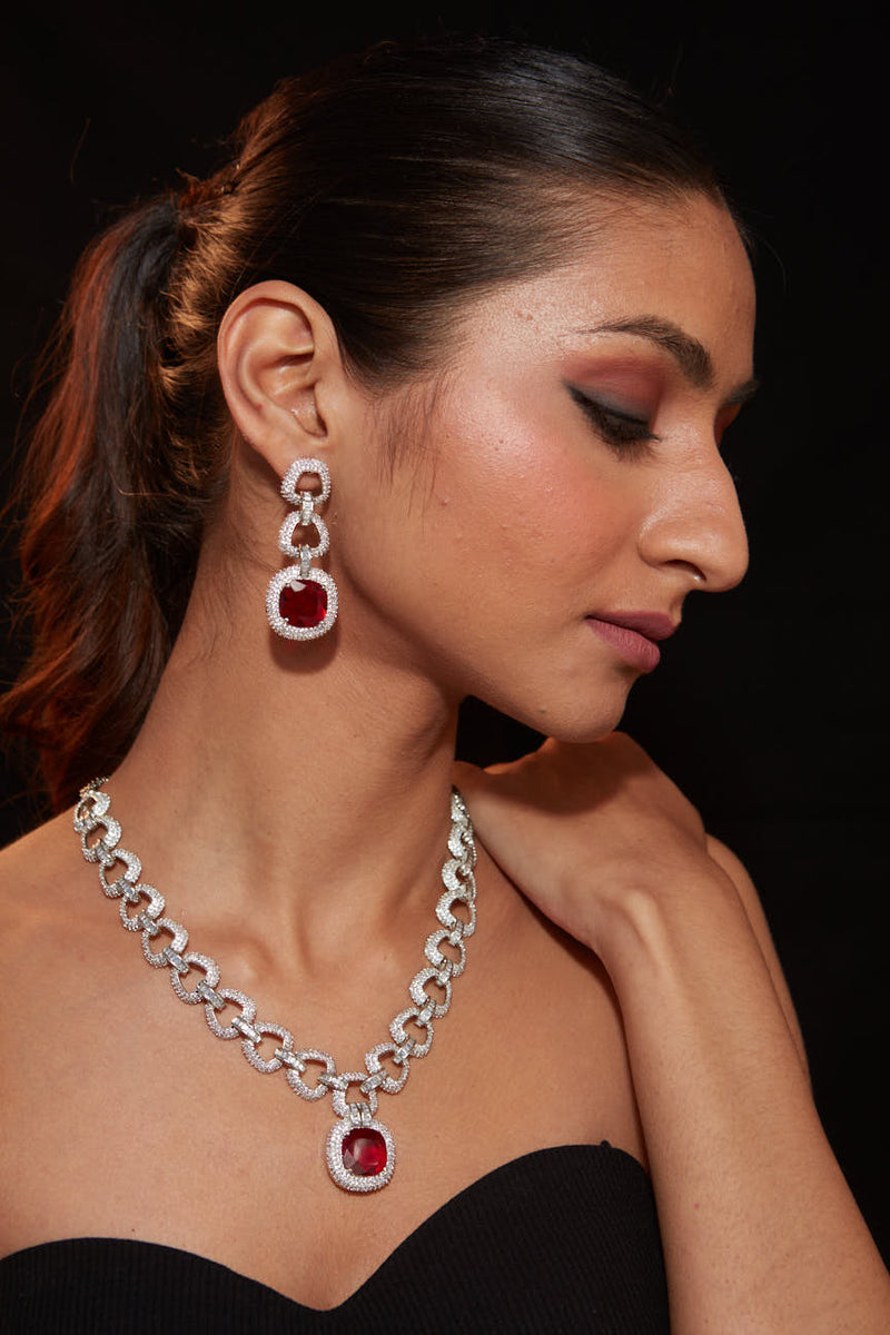 Rhodium Plated Zircon Studded With Red Synthetic Stone Pendant Necklace & Drop Earrings Set